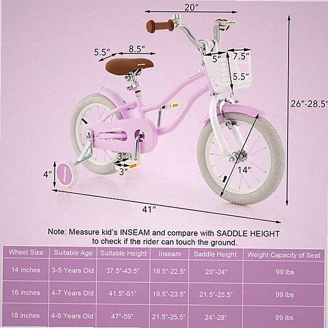 14" Kid's Bike w/Removable Training Wheels & Basket for 3-5 Years Old Purple